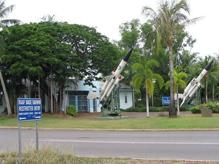 Missile display and restricted-entry sign at the entrance to RAAF Base Darwin