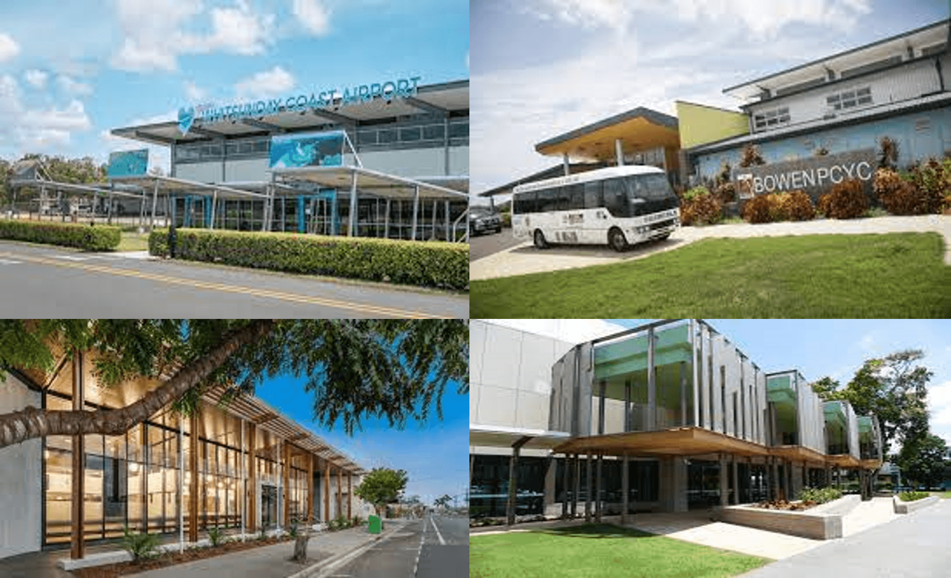 Collage of Whitsunday buildings, including the Whitsunday Coast Airport terminal and Bowen PCYC