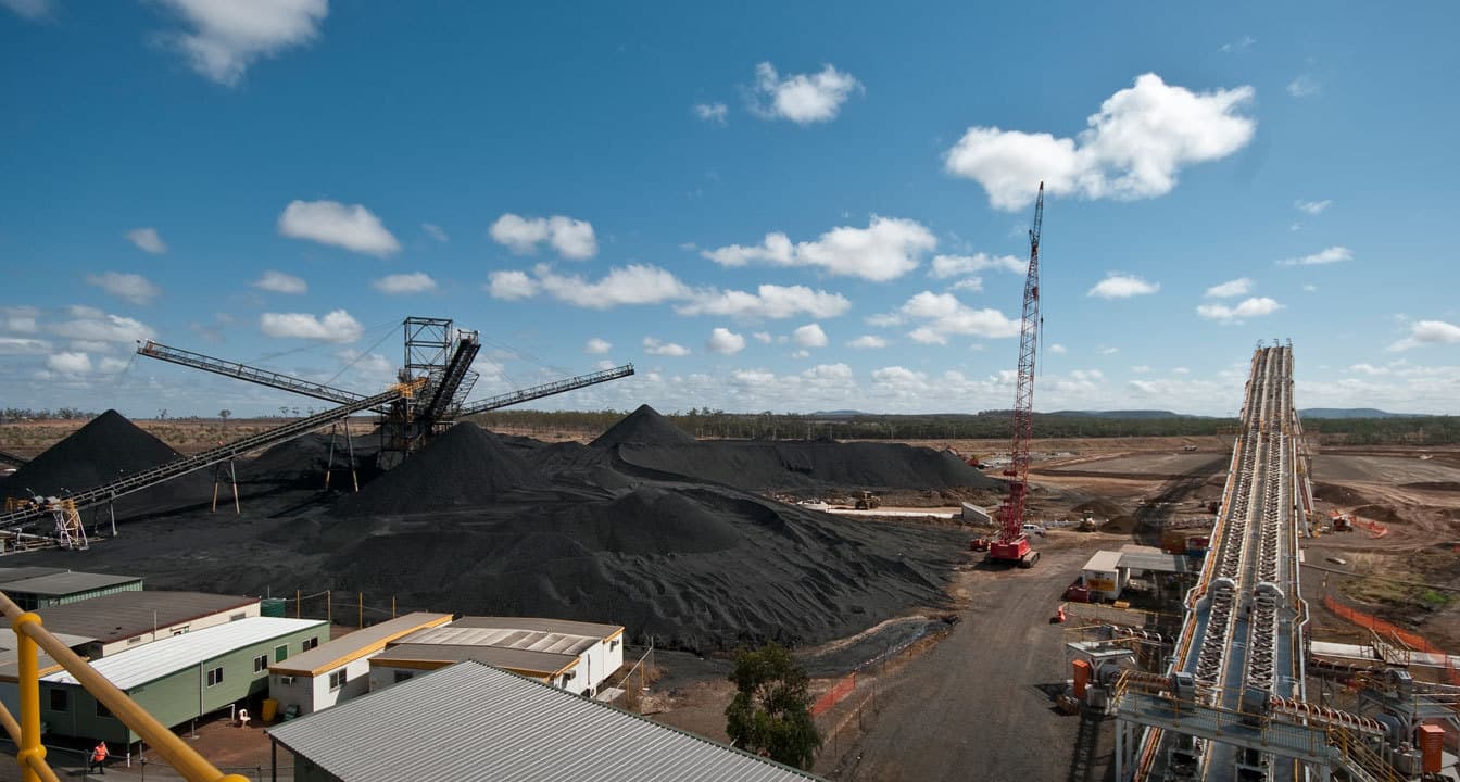 Coal stockpiles, stackers and conveyors at Carborough Downs coal mine